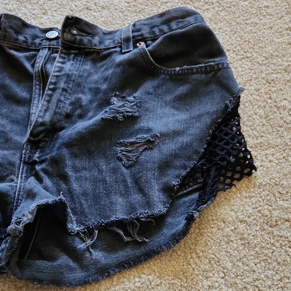 Furst of a Kind Reworked Levi's Dark Denim Distressed Shorts Mesh Sides Sz M